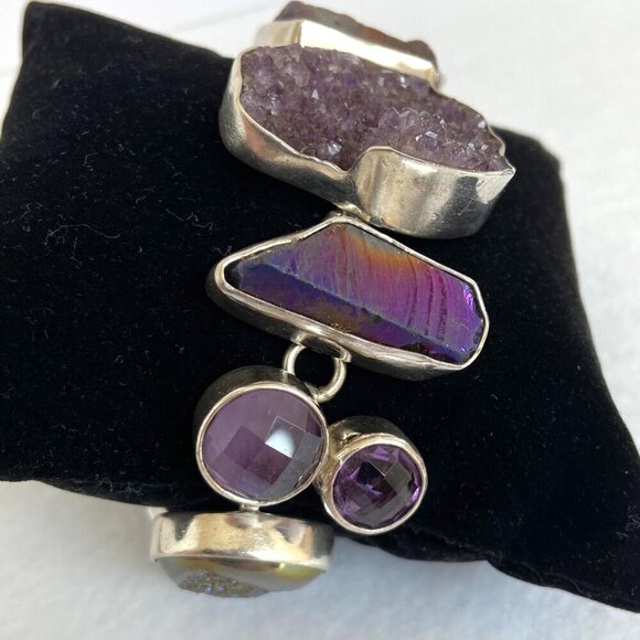 Chris Bales Sterling Silver 925 Heavy Amethyst Druzy Multi Gemstone Bracelet 61g - Picture 6 of 16